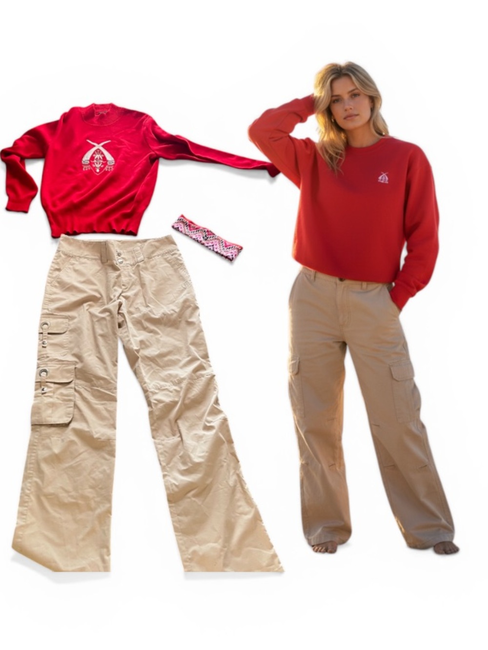 Bogner Beige Cargo Boot-Cut Pants & Red Sweater